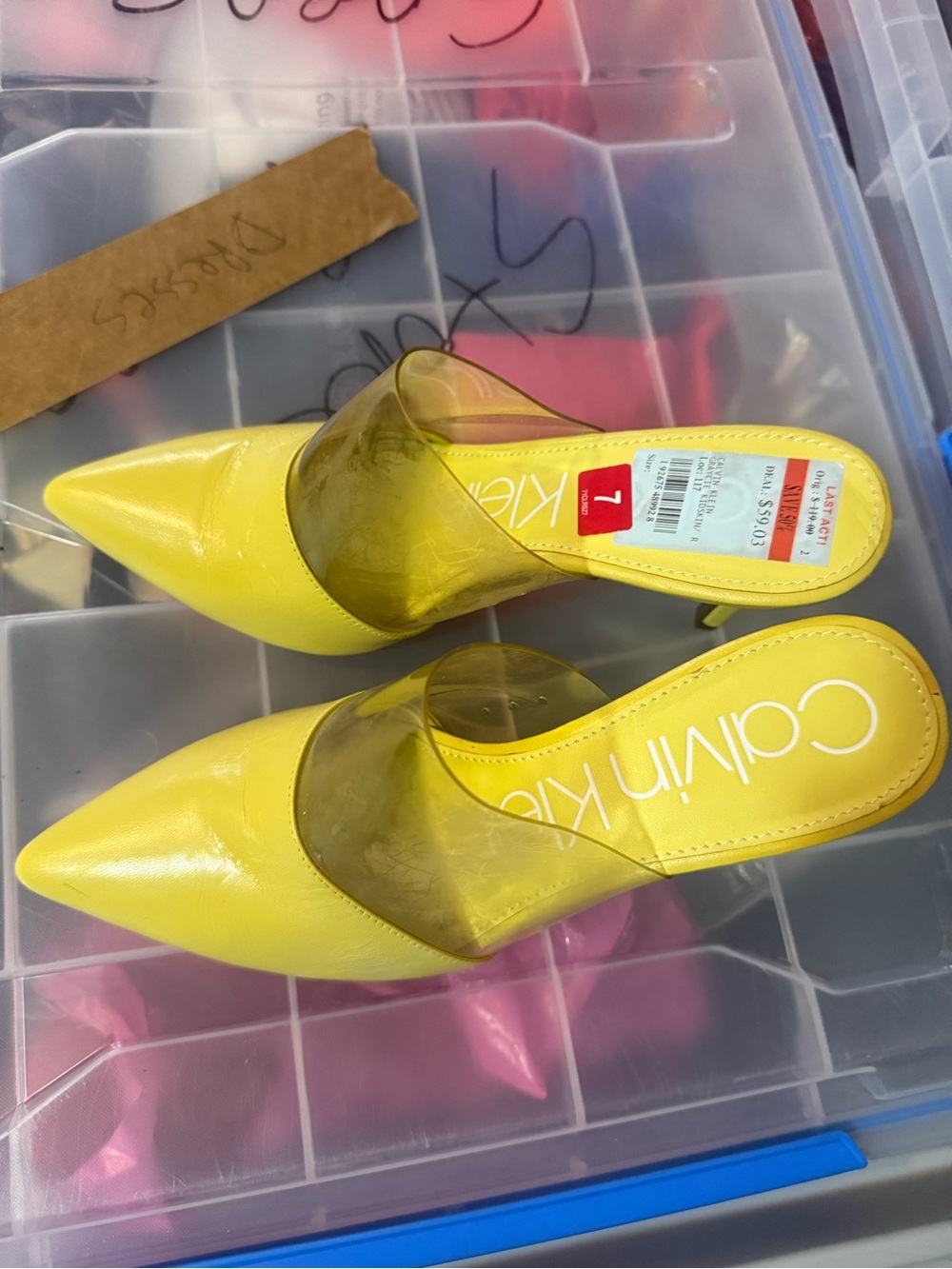 Calvin Klein Bright Yellow Pointed-Toe Mules with Clear Strap